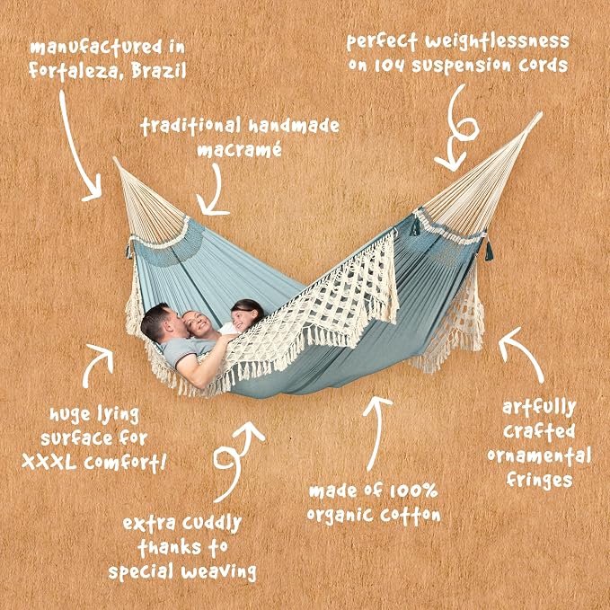 LA SIESTA® - XL King Bossanova Brazilian Hammock - Luxurious Comfort, Organic Cotton Handmade in Brazil - Boho Hammock, Macrame Hammock - Extra-Wide Indoor Hammock Bed for Relaxation - Fjord