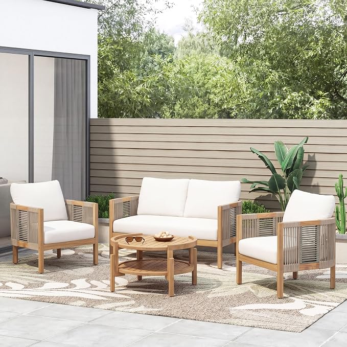 Christopher Knight Home 4-Piece Acacia Wood Patio Furniture Set with Coffee Table, 4 Seater Outdoor Conversation Sofa Set, Patio Sectional Chat Set for Backyard Balcony, Teak+ Beige