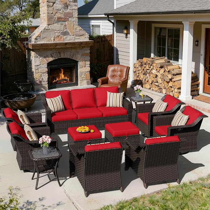 11 Pieces Patio Conversation Furniture Set - 1 Sofa, 2 Ottoman, 2 Armchairs, 4 Swivel Chairs, 2 Side Tables, Outdoor Wicker Furniture with Removable Cushions for Porch, Sunroom (Red)