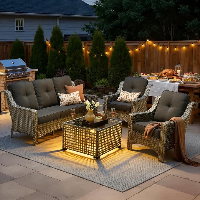 4 PCS Patio Conversation Set, All-Weather High Back Wicker Outdoor Patio Furniture Sets with Two Single Chairs, Solar Light Coffee Table,Outside Furniture for Porch Backyard Balcony,Black