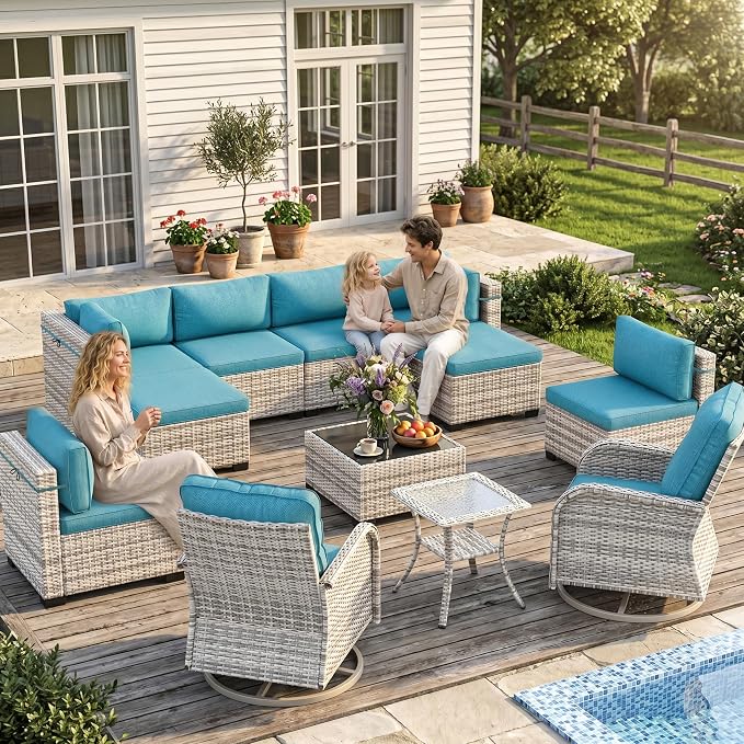 12-Piece Patio Furniture Set, Outdoor Patio Furniture with Swivel Chairs Set, Ottomans, Modular Patio Sofa, Dual-Strand Wicker Rattan, Rust-Resistant Frame, Lake Blue