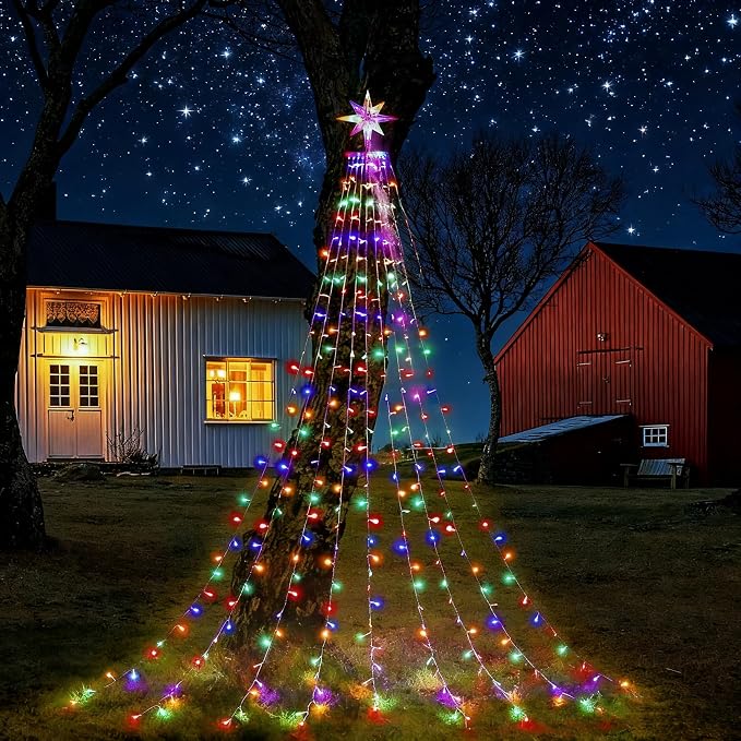 Christmas Decorations, Outdoor Christmas Lights, 320 LED Outdoor Christmas Tree String Lights with 12" Star Toppers [8 Modes& Waterproof] for Xmas New Year Holiday Decor (Dipper Multicolor)