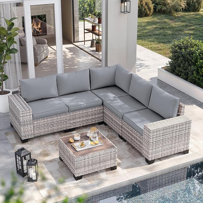8-Piece Outdoor Patio Furniture Set Wicker Sectional Sofa Set with Ottomans, Patio Conversation Set with Thickened Cushions & Coffee Table for Garden, Backyard, Poolside, Grey