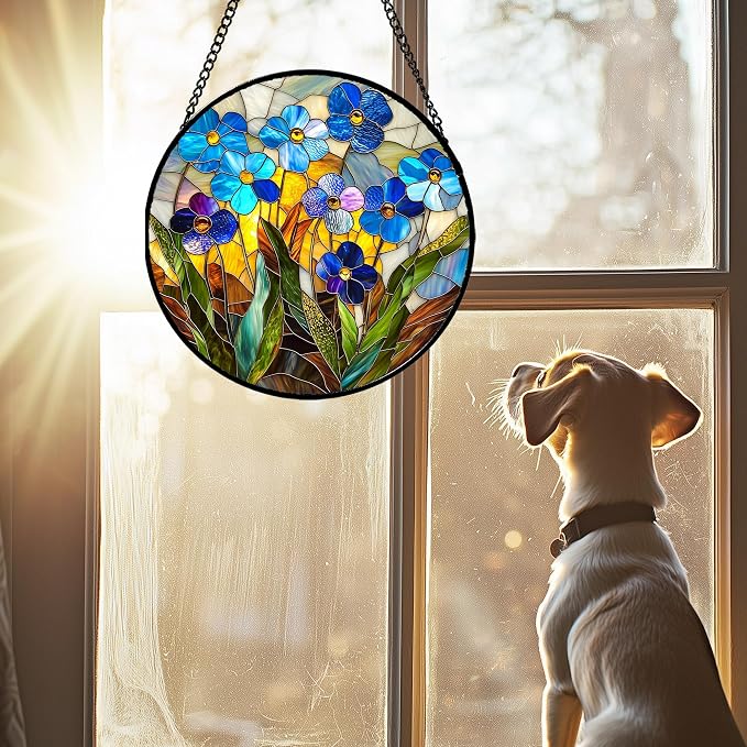 Stained Glass Window Hanging - Blue Wildflower Plant Flowers Sun Catcher for Door Garden Home Decor Suncatcher Christmas Mother's Day Birthday Gifts for Women Men Mom Nana 9.8 in