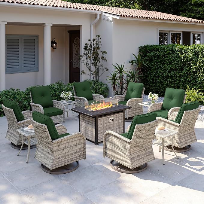 13Pcs Patio Rocking Swivel Chair with 55,000 BTU Fire Pit Table Outdoor Wicker Rattan Bistro Set with Tempered Glass Side Table, Outdoor Patio Furniture Set for Garden and Balcony, Green