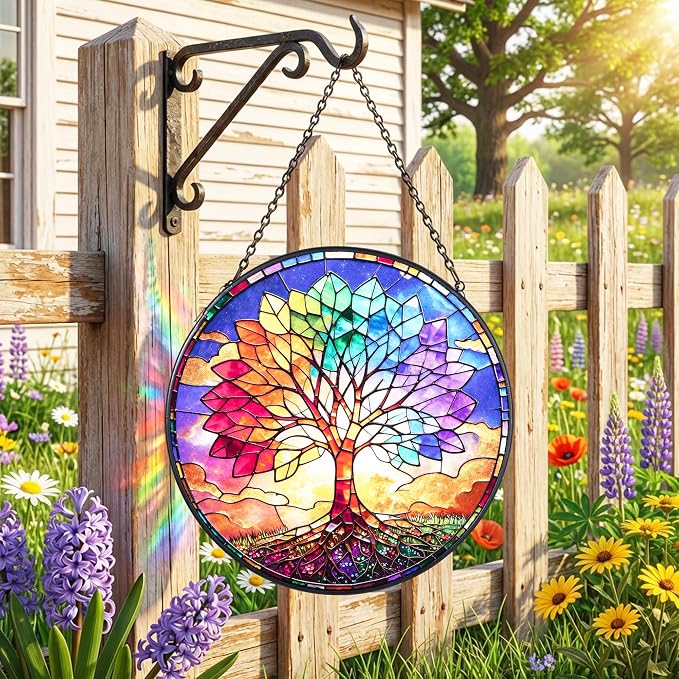 Stained Glass Window Hanging, Colorful Tree of Life Suncatcher 7.8 in Sun Catcher Boho Wall Art Decor with Chain Diamond Glass Panel Hangings Scenery Sun Catchers Decor for Lover Couple Mom