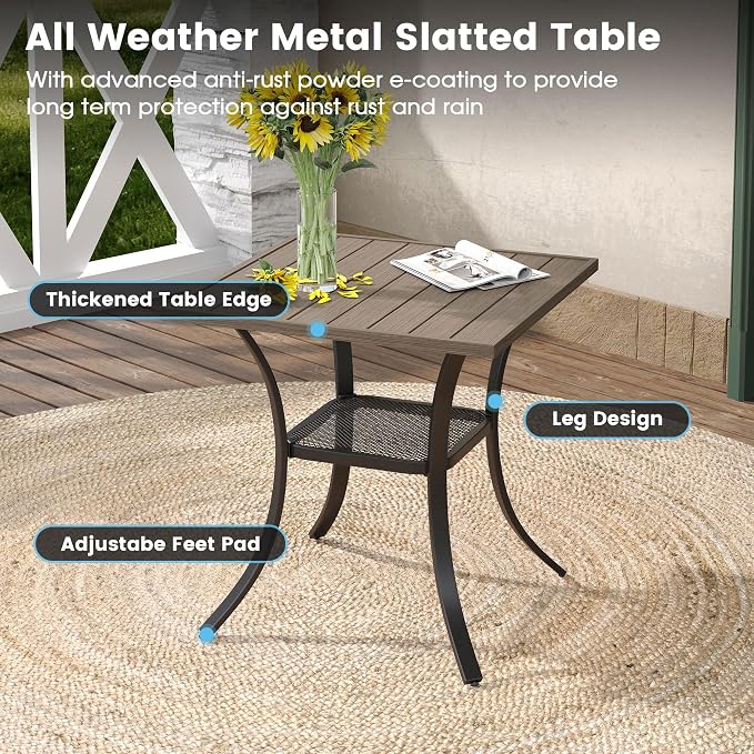 DIFY 3 Piece Outdoor Dining Set for 2, Patio Furniture Set with Padded Textilene Swivel Patio Chairs and 27.6" Small Square Metal Dining Table, Sandshell Fabric & Grey Wood-Like Tabletop