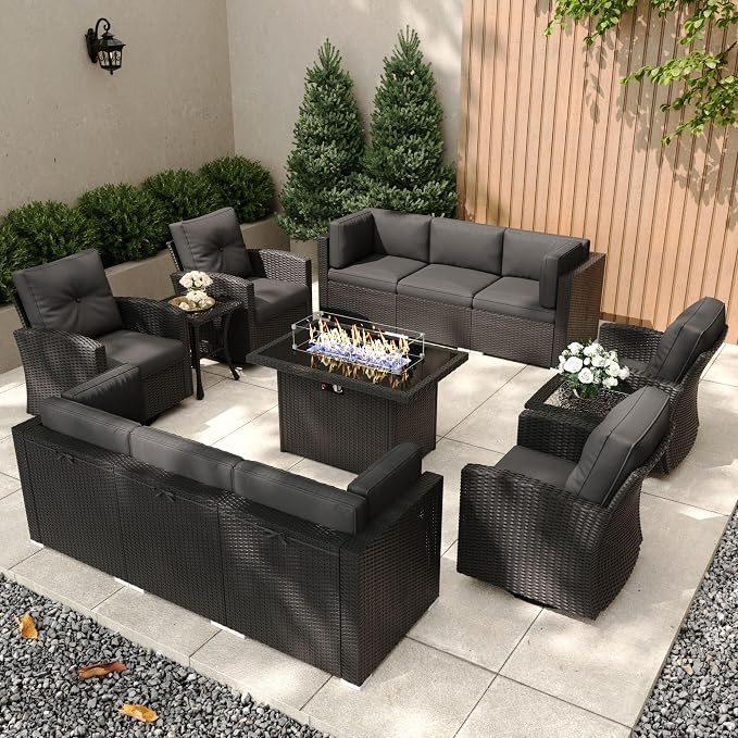 Patio Furniture Set with Fire Pit Table, 13 Pieces Outdoor All-Weather Wicker Conversation Sectional Chair Sofa Set with 4 Swivel Chairs