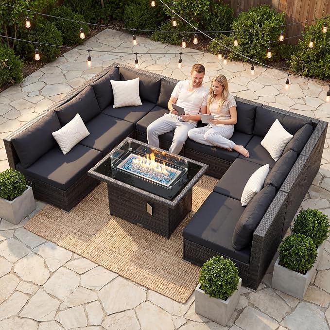 NICESOUL 9 Piece Modern Outdoor Furniture Set with Fire Pit Table, 8 Seat L-Shaped Extra Large Sectional Sofa Sets, 29.3'' High Back Comfy Modular Wicker Conversations, Natural Gas & Propane, Grey