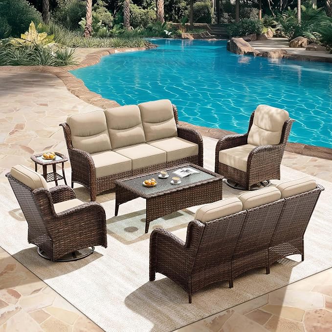 HILLGA Luxury Outdoor Patio Furniture Set with 6-Inch Thick Cushions, High Back Wicker Swivel Rocker Chairs, 6Pcs All Weather Sofa Set for Large Deck, Yard and Poolside, Beige (V3)