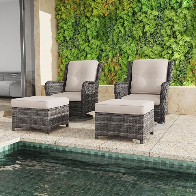 5 Piece Outdoor Patio Furniture Set Wicker Conversation Bistro Set Swivel Rocking Chairs with Side Table and Ottomans for Backyard, Porch, Deck(Mixed Grey/Beige)