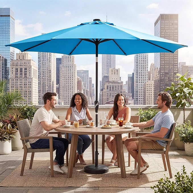 Garvee 9FT Patio Umbrella with 32 Solar LED Lights, Outdoor Table Market Umbrella with Tilt and Crank, 8 Sturdy Iron Ribs Sun Shade for Garden, Deck, Backyard and Pool, Turquoise Blue