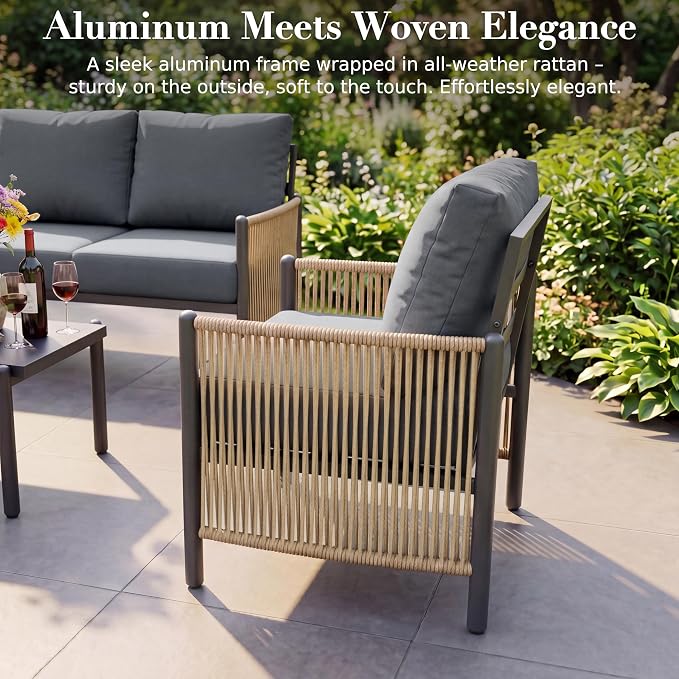 Aluminum Patio Furniture Set, 4 Seats Outdoor Patio Furniture with Coffee Table, Outdoor Wicker Conversation Sets with Cushion for Backyard, Balcony,Porch,Dark Grey