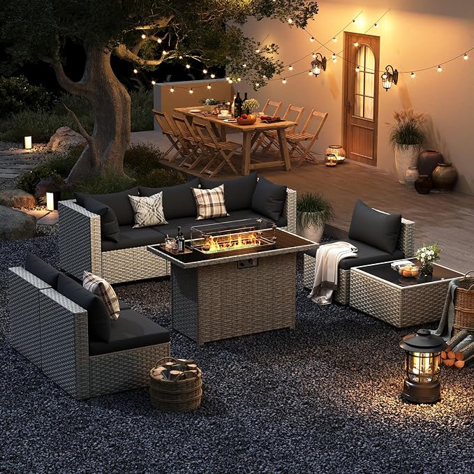 UDPATIO Patio Furniture Set with Fire Pit Table, 8 Pcs Outdoor Sectional Sofa, PE Wicker Patio Conversation Set for Garden, Backyard (Black Cushions with Light Grey Rattan)
