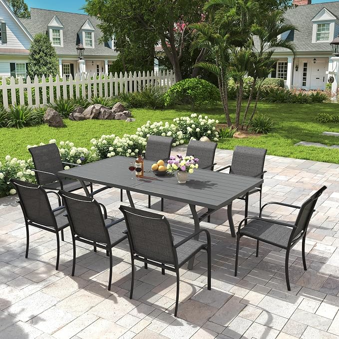 9 Pieces Patio Dining Set, 71" Rectangular Dining Table with Umbrella Hole, 8 Stackable Textilene Fabric Chairs, Metal Structure for Patio, Porch, Garden(Grey Table, Black Chair)