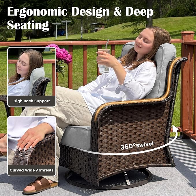 Sundale Outdoor 5 Piece Wicker Patio Furniture Set, High Back Outdoor Couch with Swivel Chairs & Coffee Table, 6" Thick Cushion Patio Conversation Sets with Deep Seating for Yard, Deck (Grey)