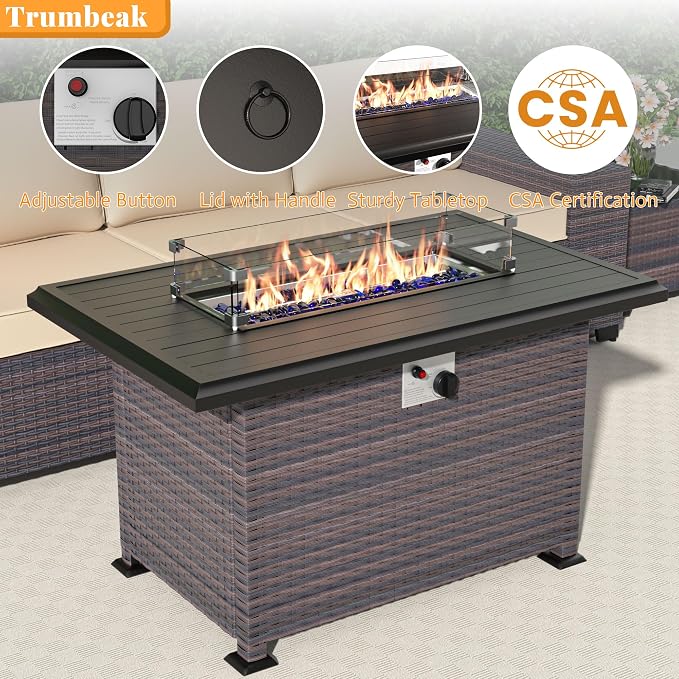 Patio Furniture Set 10 Pieces Outdoor Furniture Patio Conversation Set w/43in 55000 BTU Propane Fire Pit Table,PE Rattan Wicker 10 Pcs Outdoor Sofa Set w/Swivel Rocking Chairs,Sand