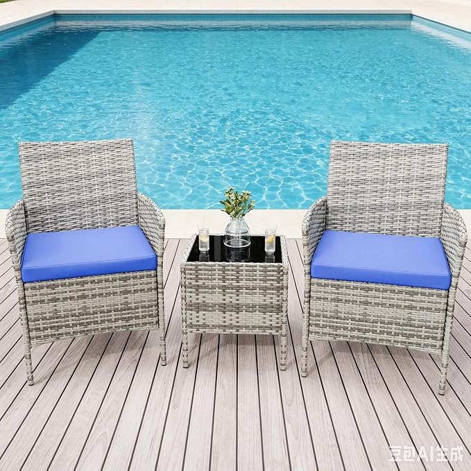 3-Piece Patio Furniture Set – Outdoor PE Rattan Armchairs, Water-Resistant Blue Cushions, Glass Table – Conversation Set – Grey Gradient Rattan/Blue Cushion