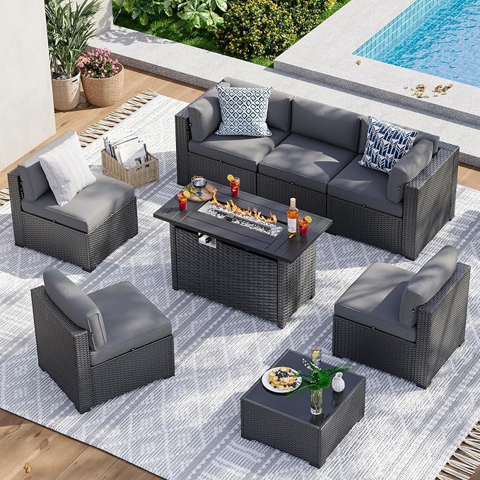 Aoxun 8 Piece Patio Furniture Set with 44" Fire Pit Table Wicker Rattan Sectional Sofa Outdoor Seating with Thickened Cushion, Grey