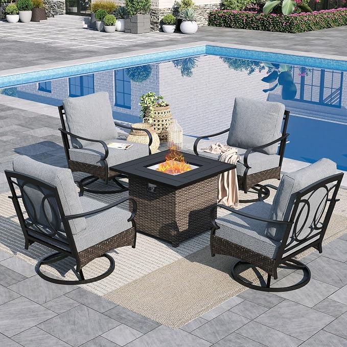 Sophia & William Patio Furniture Set with Fire Pit Table, 5 PCS Metal Outdoor Conversation Set Sofa Couch with Fire Pit Table, 4 Swivel Chairs for Outdoor Seating, Backyard, Porch(Grey)
