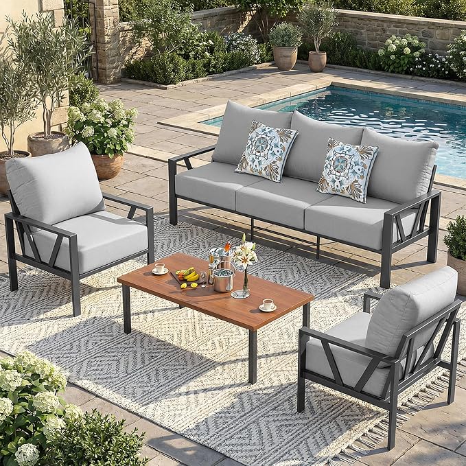 Patio Furniture Set, Metal Outdoor Furniture with Coffee Table, Modern Outdoor Patio Conversation Seating Set,Light Grey
