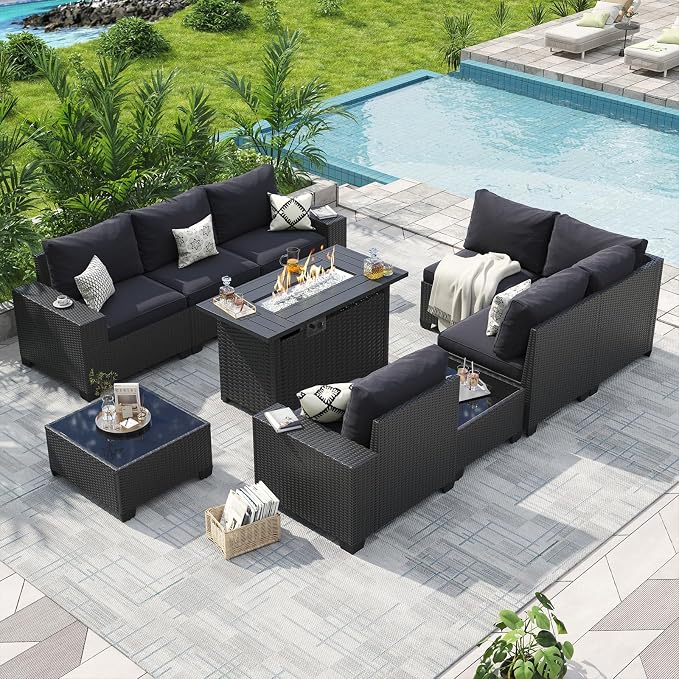 Aoxun 10-Piece Sectional Sofa with 44" Fire Pit, 4" Thicken Cushion, Widen Armrests Wicker for Backyard with Coffee Table, Black