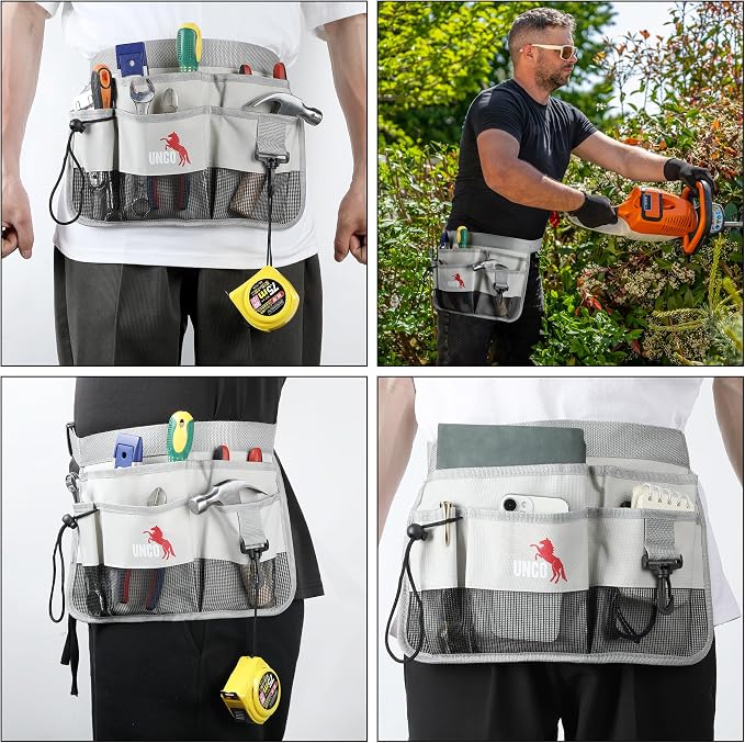 UNCO- Adjustable Gardening Belt, Light Gray, 7 Pockets, Wear Resistant, Cut Resistant, Water Resistant, Garden Tool Belt Pouch, Waist Apron with Pockets