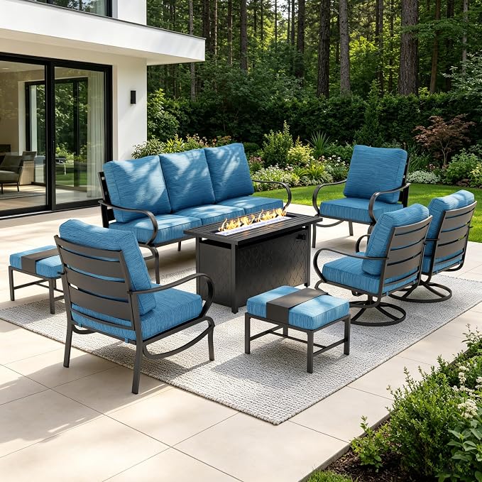 Sophia & William Patio Furniture Sets for 9 with 45" Gas Fire Pit Table Outdoor Conversation Sets, 2xSofa Chairs, 2xSwivel Cushion Chairs, 1x3-Seat Sofa, 2xOttomans for Porch Poolside Peacock Blue