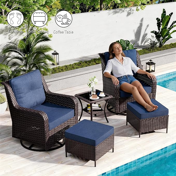 7-Piece Patio Furniture Set,Outdoor Conversation Sets w/Fire Pit Table&High Back Wicker Swivel Rocker Chairs,All-Weather Wicker Sectional Sofa for Deck,Yard and Poolside,Navy Blue