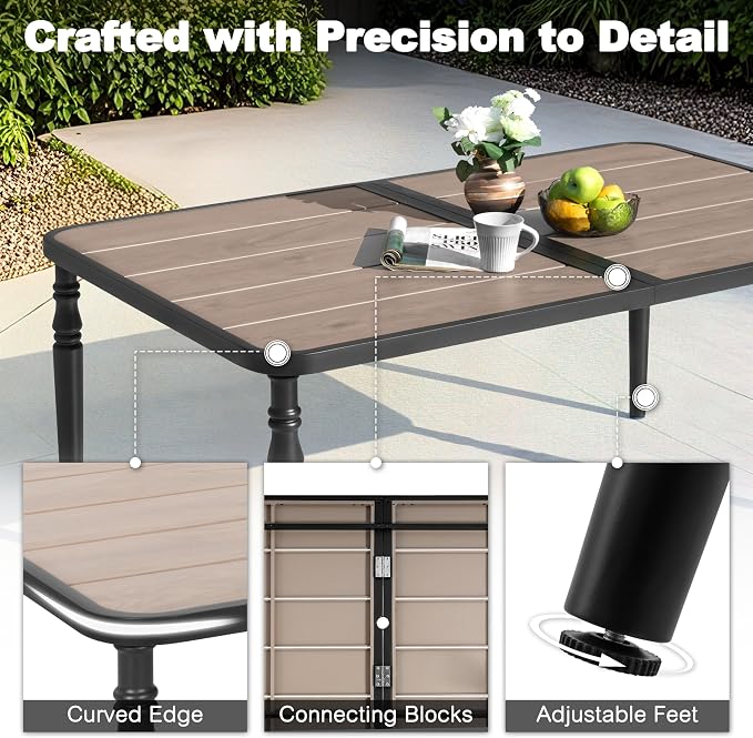 NUU GARDEN Outdoor 7-Piece Patio Dining Set, 6 Patio Chairs and 61" x 37" Rectangle Metal Dining Table with Umbrella Hole, Iron Frame Wood-Grain Tabletop, for Backyard, Deck, Garden, Black