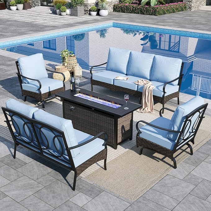 Sophia & William Patio Furniture Set with Fire Pit Table, 5 PCS Metal Outdoor Conversation Set with Fire Pit Table, 2 Sofa Chairs,1 Loveseat, 3-Seater Couch for Outdoor Seating, Backyard, Porch(Blue)