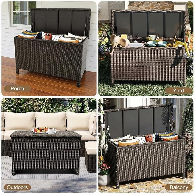 GarveeHome 125 Gallon Wicker Deck Box, All-Weather Outdoor Storage Bin with Rattan Finish, Large Capacity for Patio Furniture, Cushions, Pool Supplies & Garden Tools(Brown)