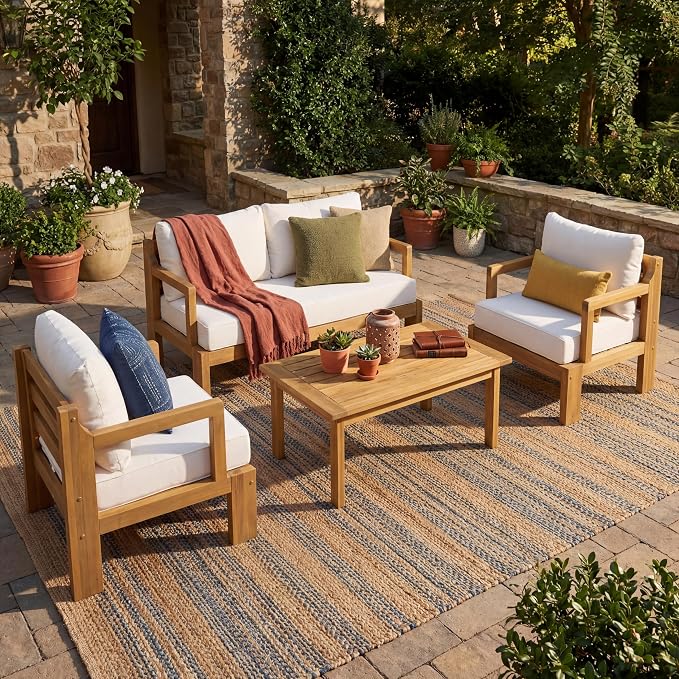 Christopher Knight Home Bayah 4 Piece Patio Furniture Set with Removable Cushion, Acacia Wood Outdoor Sectional Sofa Set with Coffee Table, 4 Seater Outdoor Conversation Set, Beige+Natural