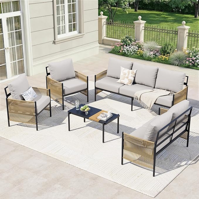 Aluminum Outdoor Patio Furniture Set, 7 Seats Outdoor Sectional with Coffee Table, Patio Conversation Sets with Washable Thick Cushions and Waterproof Cover for Backyard/Garden /Poolside, Silver Gray