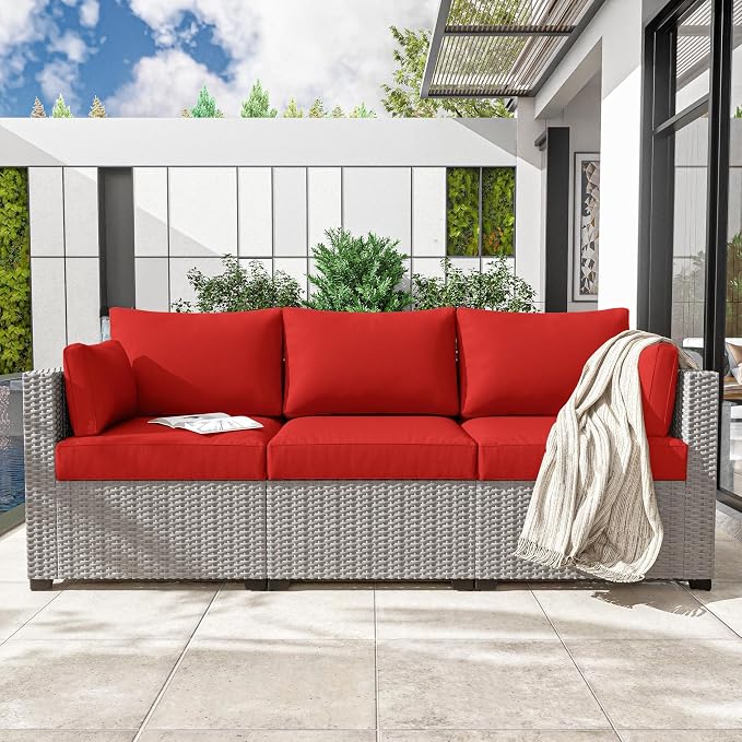 Outdoor Furniture Replacement Cushions, Waterproof Patio Furniture Cushions, 4" Deep Seat Outdoor Sectional Cushion for 3-Seat Outdoors Rattan Sofa Patio Sofa Cushion, Red