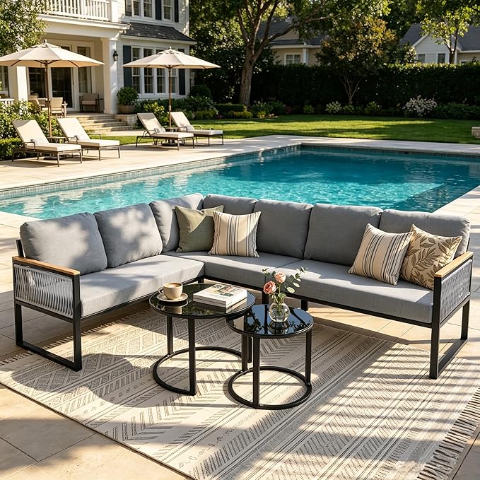 7-Piece L-Shaped Patio Conversation Sets, Hand-Woven Wicker Outdoor Sectional Sofa with Glass Nesting Coffee Table, Weather-Resistant Frame, Removable Cushion for Deck, Porch, Backyard (Gray)