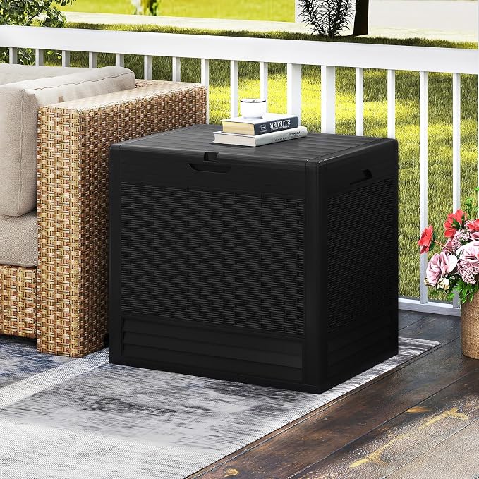 Tangkula 25 Gallon Outdoor Storage Box, Waterproof PP Resin Patio Storage Box with with Lockable Lid for Indoor & Outdoor Use, 2-in-1 Rattan Design Deck Box for Patio Cushions, Garden Tools