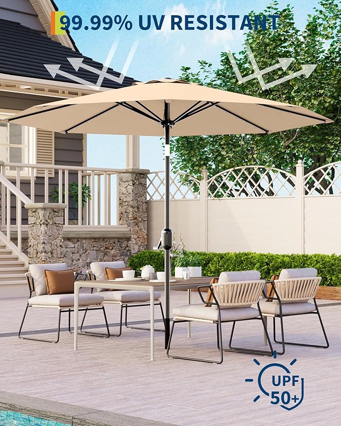 GarveeLife 9 ft Patio Umbrella with Solar Lights, 8 Ribs Outdoor Market Table Umbrella with 32 LED Lights & Tilt Crank for Pool, Deck, Backyard, Tan