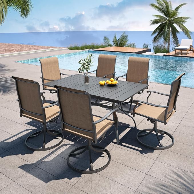 7 Piece Outdoor Dining Set,Brown Tan Swivel Chairs 63" Rectangle Table Sty1 | 6 Piece Swivel Chairs: High Back, Retro Armrest, Textilene Fabric, Rocking; 63"x38"x28" Metal Rectangle Table, All Weather
