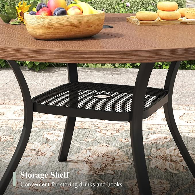 Outdoor Dining Set for 4, 40.6" Metal Round Outdoor Dining Table with Umbrella Hole and Sling Patio Swivel Chairs, 5 Pieces Patio Table and Chairs Set for Garden Backyard, Charcoal and Walnut