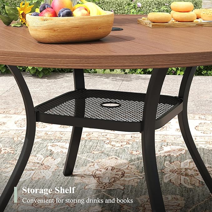 5 Pieces Outdoor Dining Set, Stackable Textilene Paito Chairs & 40.6" Round Dining Table with Umbrella Hole and Shelf, Patio Dining Set for Backyard, Deck, Garden, Brown & Walnut