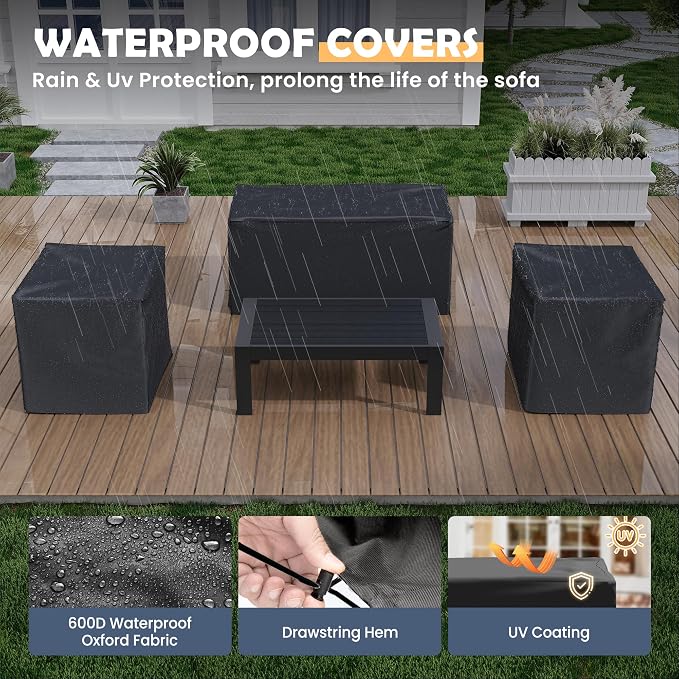 Amopatio Aluminum Patio Furniture, 5 Pieces Metal Outdoor Furniture Set, Outdoor Sectional Modern Sofa Sets with Coffee Table for Pool, Garden, Dark Grey&Blue (Included Waterproof Covers)