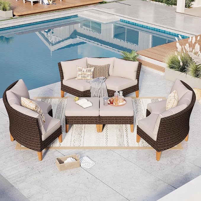 GREEN PARTY 8 Pieces Wicker Patio Furniture Set, All-Weather Outdoor Rattan Half-Moon Curved Patio Sectional Sofa Conversation Set with 4" Thick Cushions for Garden, Backyard, 2 x Ottomans