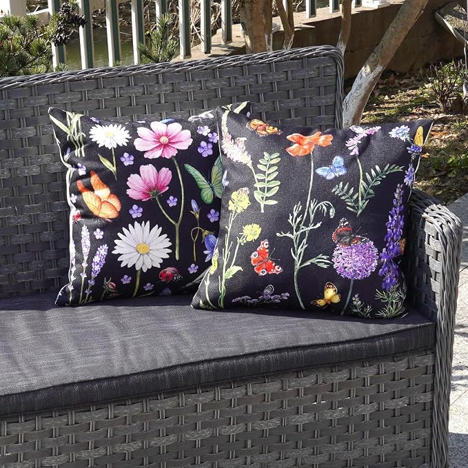 ONWAY Outdoor Waterproof Spring Summer Pillow Covers 18x18 Inch Set of 4 Floral Farmhouse Throw Pillows Decorative Cushion Cases for Outdoor Couch Sofa Patio Furniture Home Decoration Black