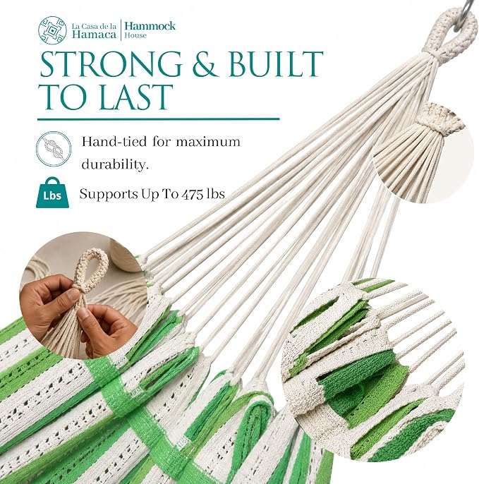 Hammock for 1-2 Person, 475 lbs Capacity – Handwoven Mexican Hammock, 100% Soft Cotton – 9.8 ft Mayan Hammock for Patio, Backyard, Indoor & Camping – Medium, Light Green