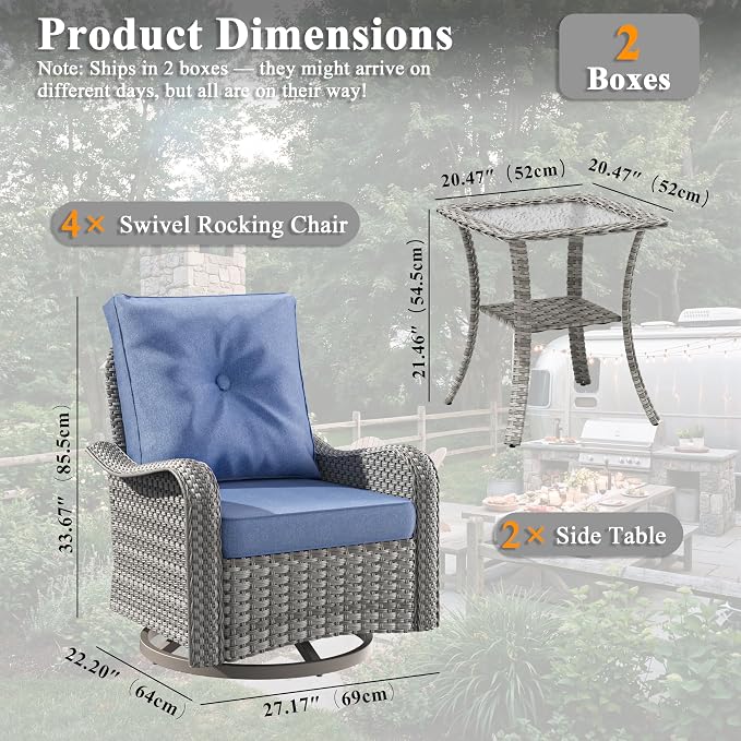 6 Piece Wicker Patio Furniture Set, Swivel Rocking Chairs with 4''Cushions, PE Rattan, Rust Resistant Frame, Double Layer Glass Side Table, for Backyard, Deck or Balcony, Navy
