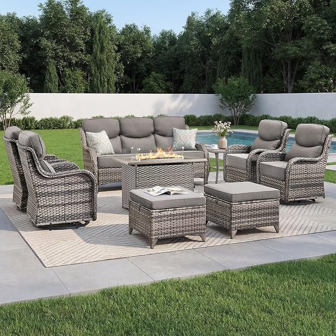 Luxury Patio Furniture Set with 6-inch Thick Cushion, Outdoor Furniture with Fire Pit Table, Swivel Chairs, Sofa, Side Table, Ottomans, 9pcs Wicker Conversation Set(Grey Wicker/Grey Cushion)