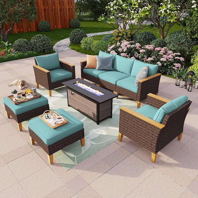 PHI VILLA 8-Piece Outdoor Sectional Patio Conversation Set with 56" Gas Fire Pit Table, Outdoor Rattan Furniture Patio Set for 7 Seats with Cushions, Blue
