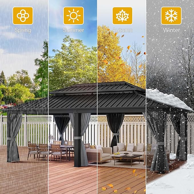 DWVO 12x18ft Gazebo Double Roof Hardtop with Nettings and Curtains, Heavy Duty Galvanized Steel Outdoor Vertical Stripes Roof for Patio, Backyard, Deck, Lawns, Brown