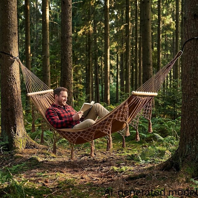 Boho Fringe Hammock with Carry Bag and 2 Tree Straps, 2 Person Fabric Hammock, 500 lb Capacity for Backyard, Porch, Patio, Camping, Indoor Outdoor Use